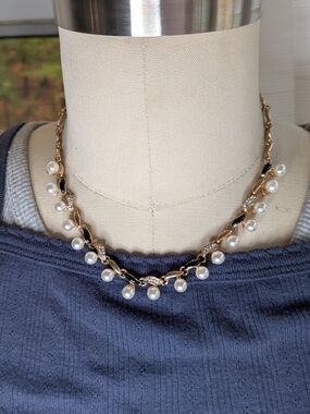 Vintage Style Faux Pearl Black Enamel Rhinestone Collar Necklace Gold Tone